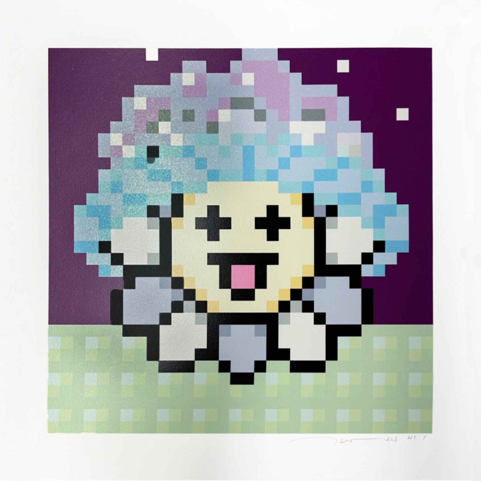 A pixel art of a sheep with a smiley face.
