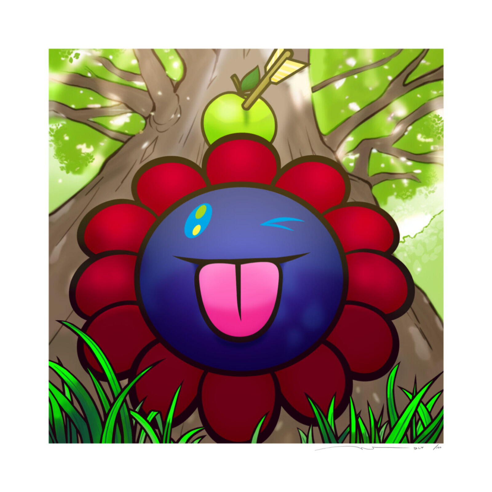 A drawing of a flower with an apple on top of it.