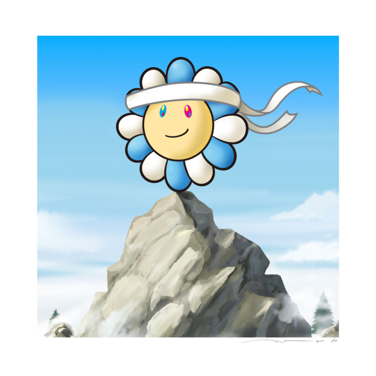 A cartoon sun with a hat on top of a mountain.