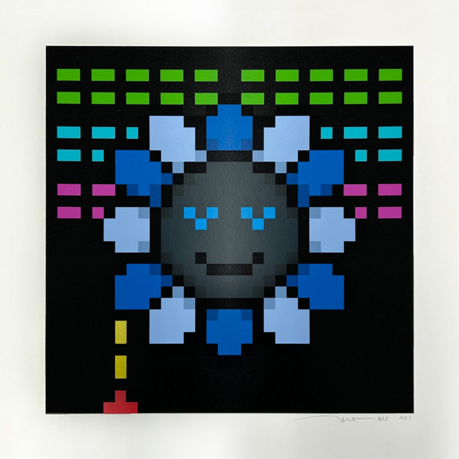 A pixel art piece of a smiling face on a black background.