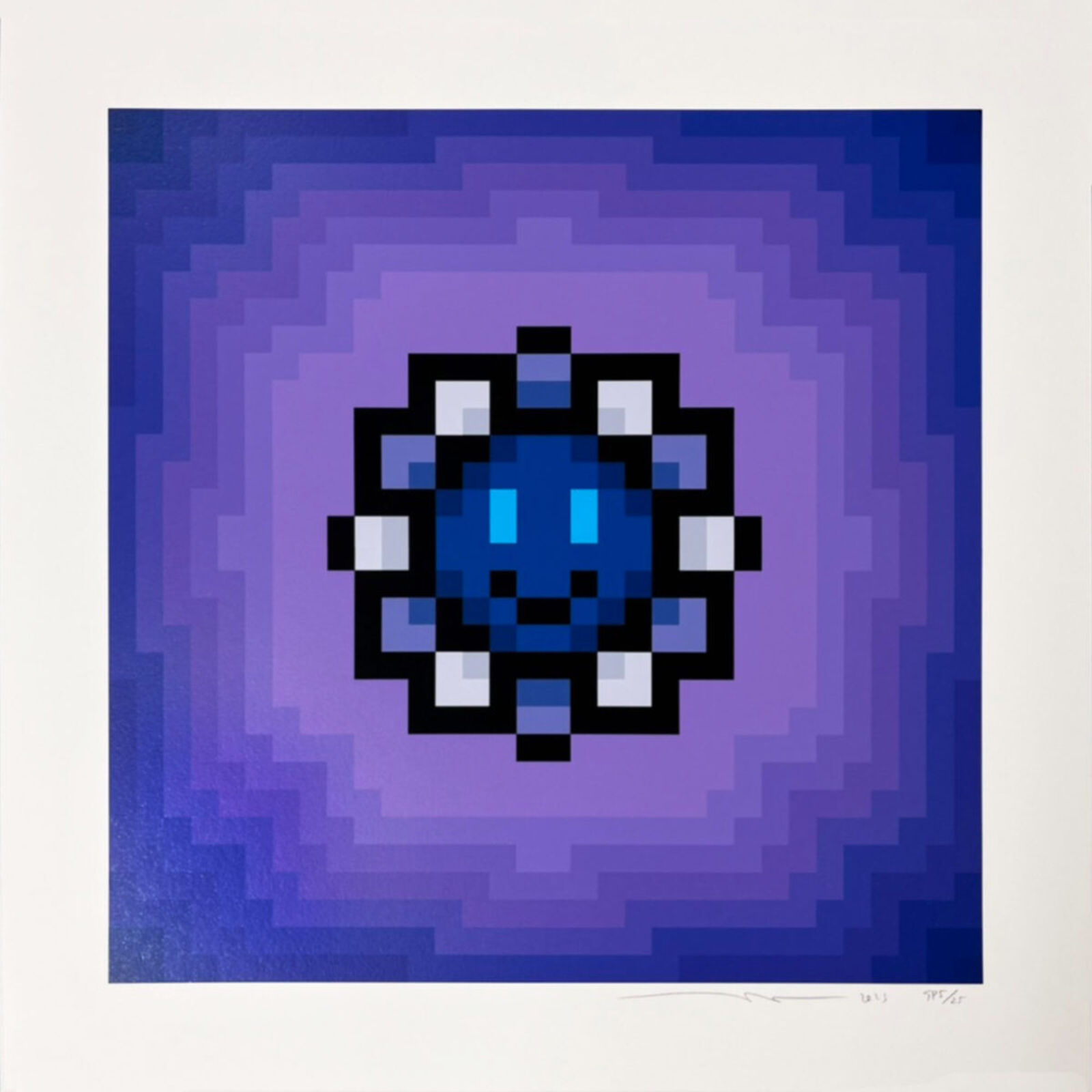 A pixel art piece with a blue flower in the middle.