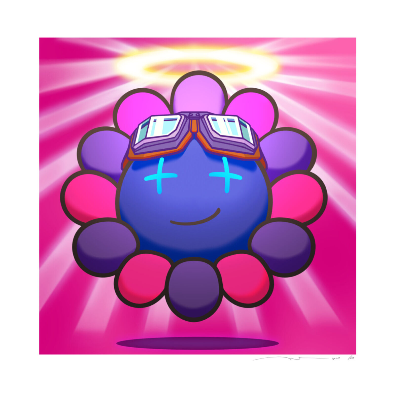A blue and purple flower with a smiley face wearing goggles.