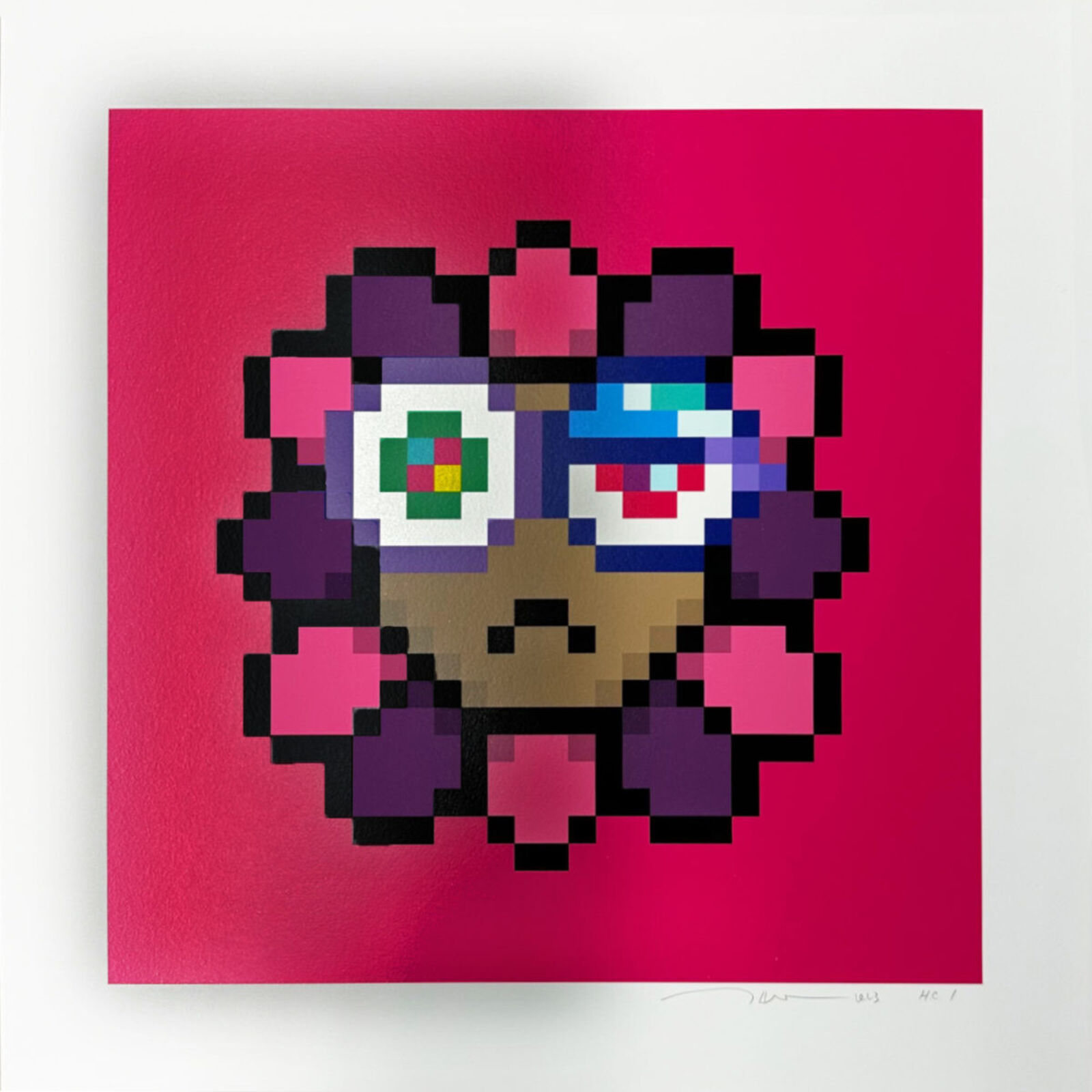 A pixel art of a pink flower with blue eyes.