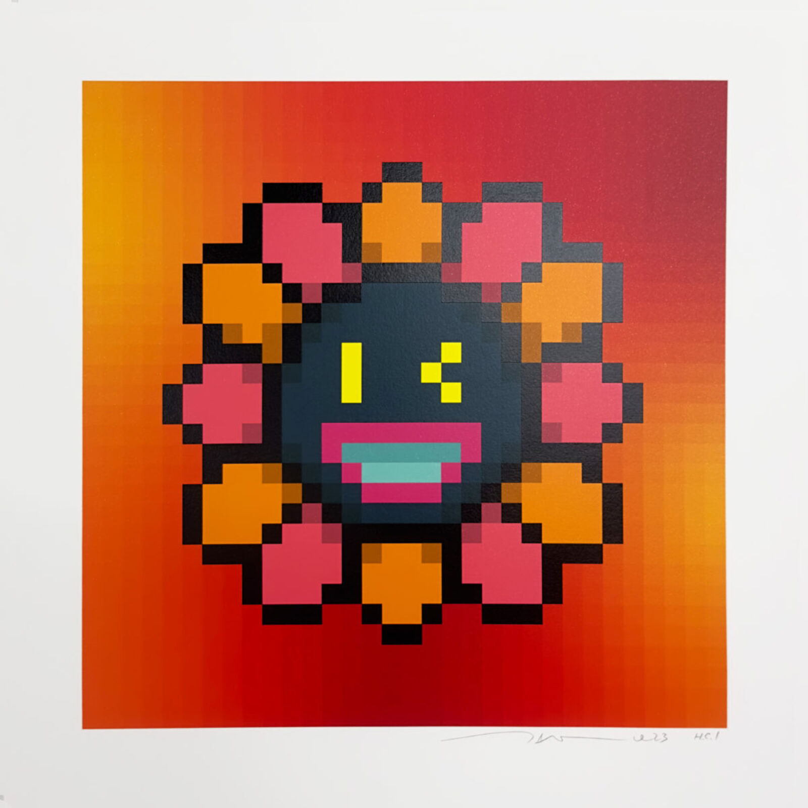 A pixel art piece of a flower with a smiley face.