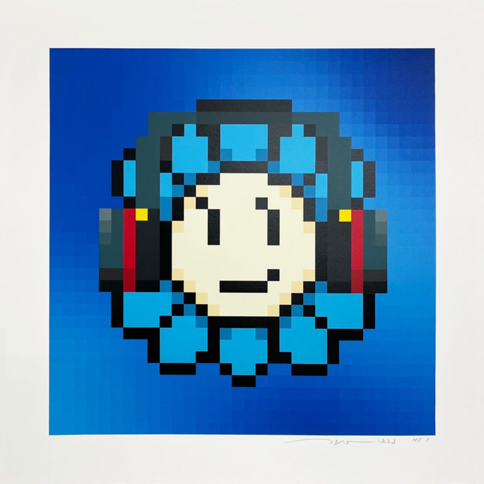 A pixel art of a person wearing headphones.