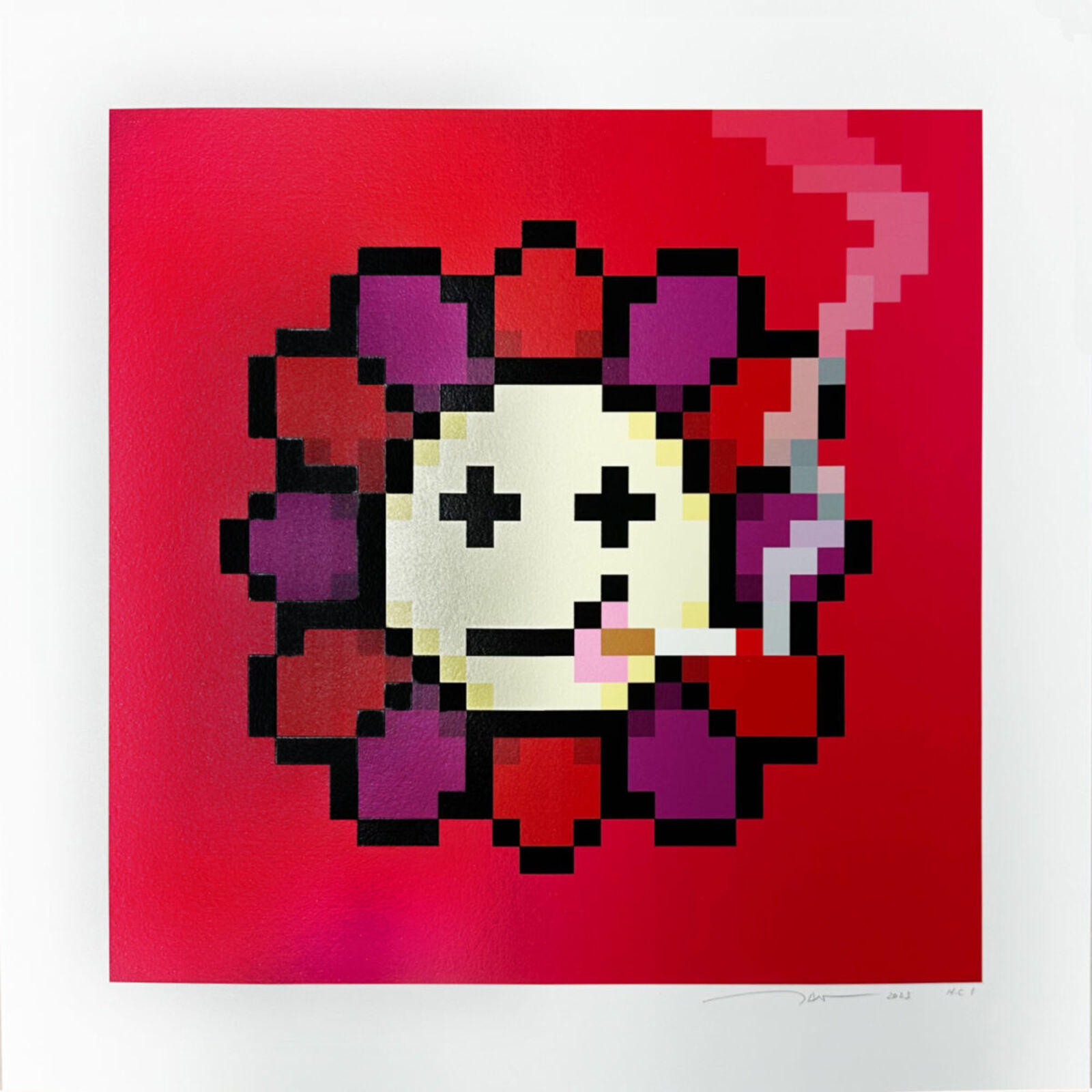 A pixel art of a flower with a smiley face on a red background.
