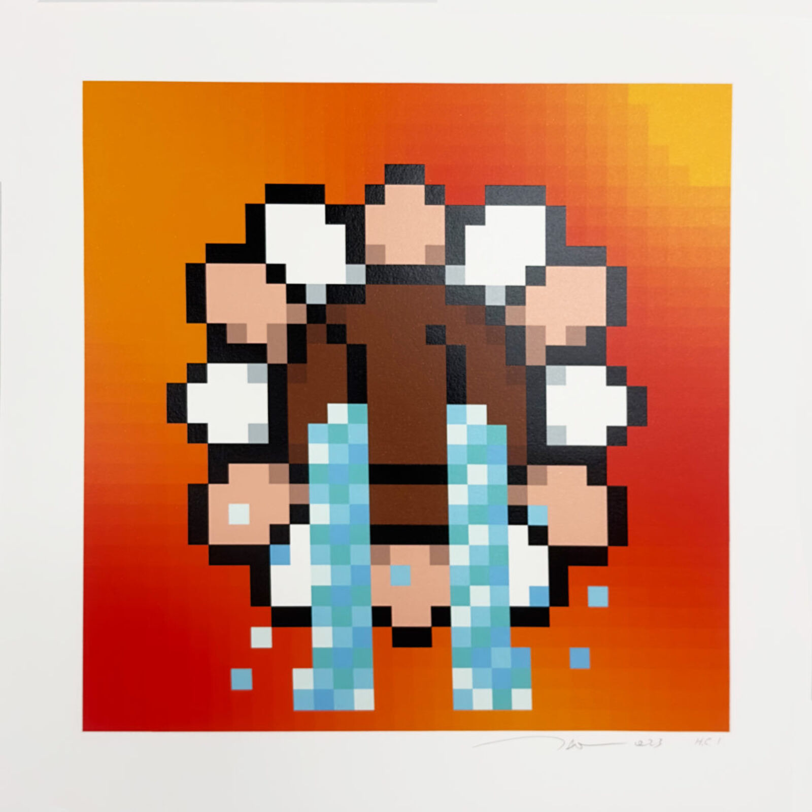 A pixel art piece of a man crying in front of an orange background.
