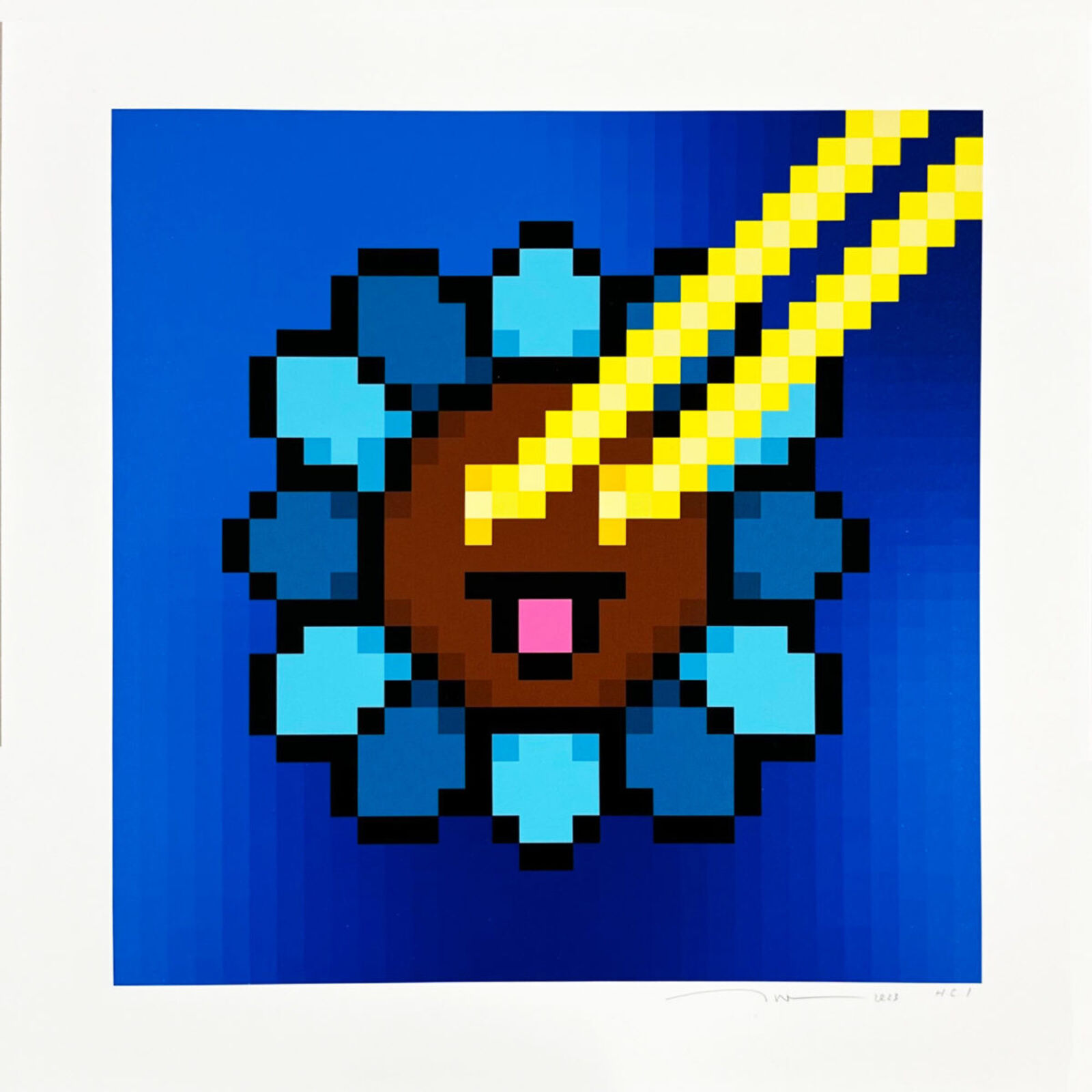 A pixel art of a blue and yellow unicorn with a yellow horn.