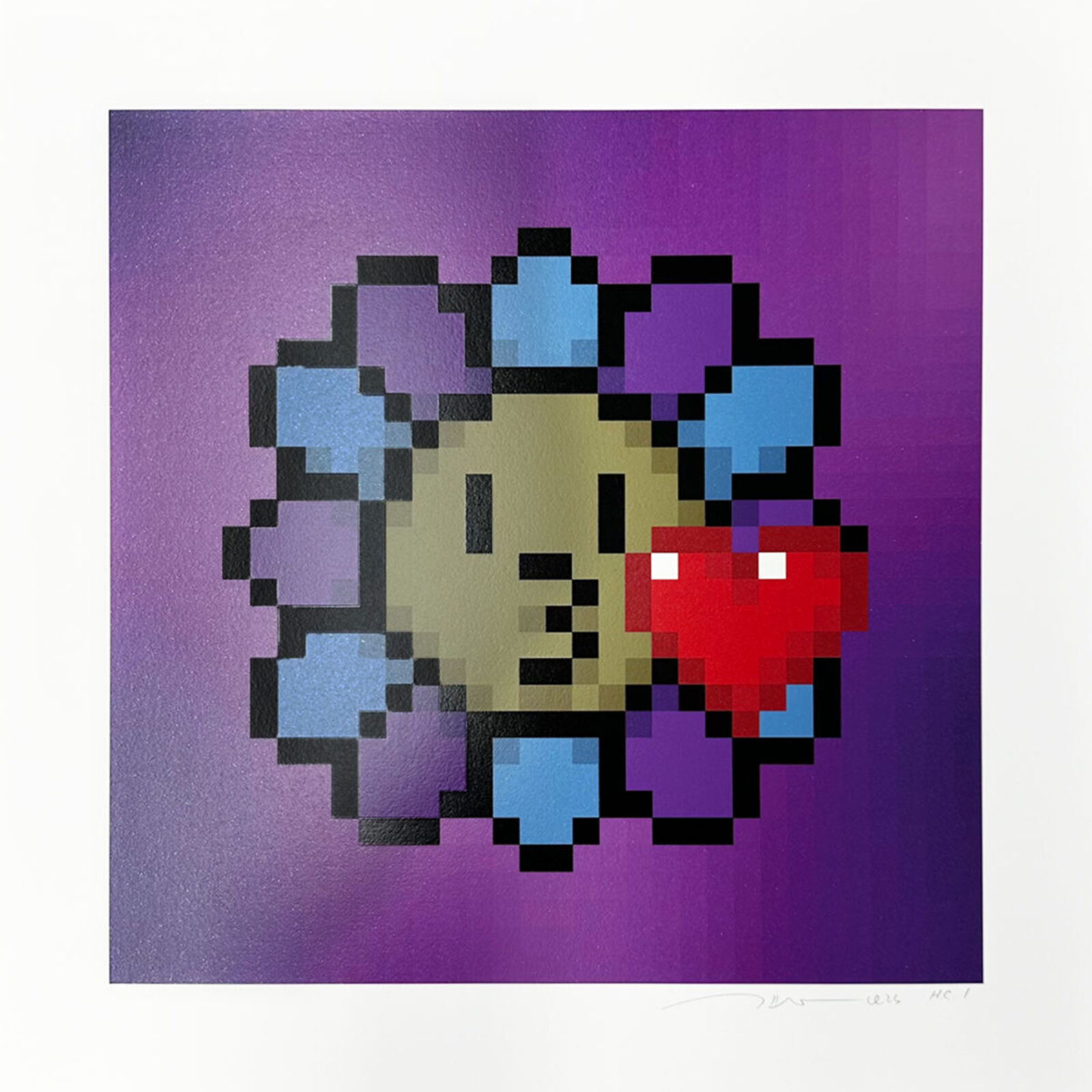 A pixel art piece with a heart in the middle of it.