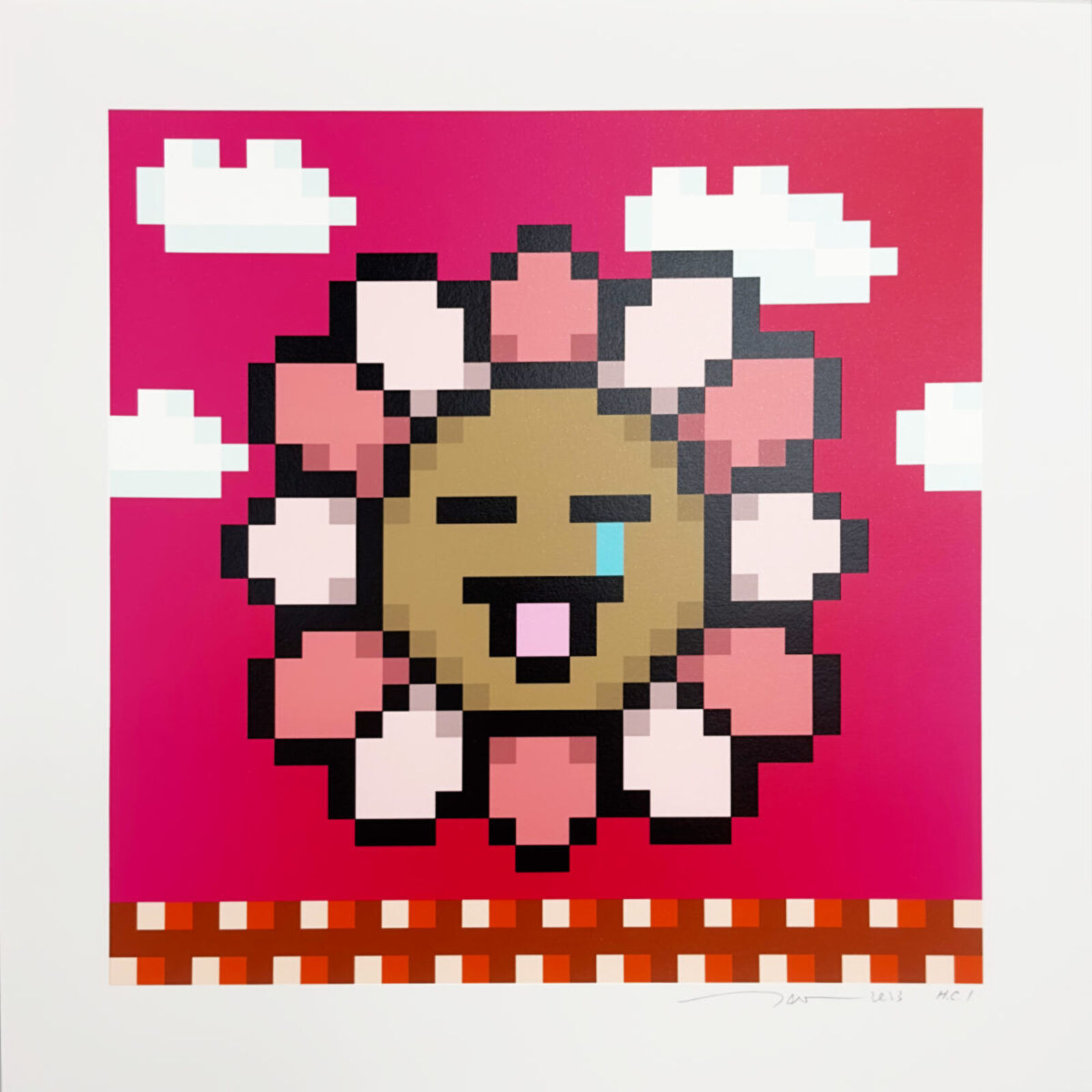 A pixel art of a smiling face on a pink background.