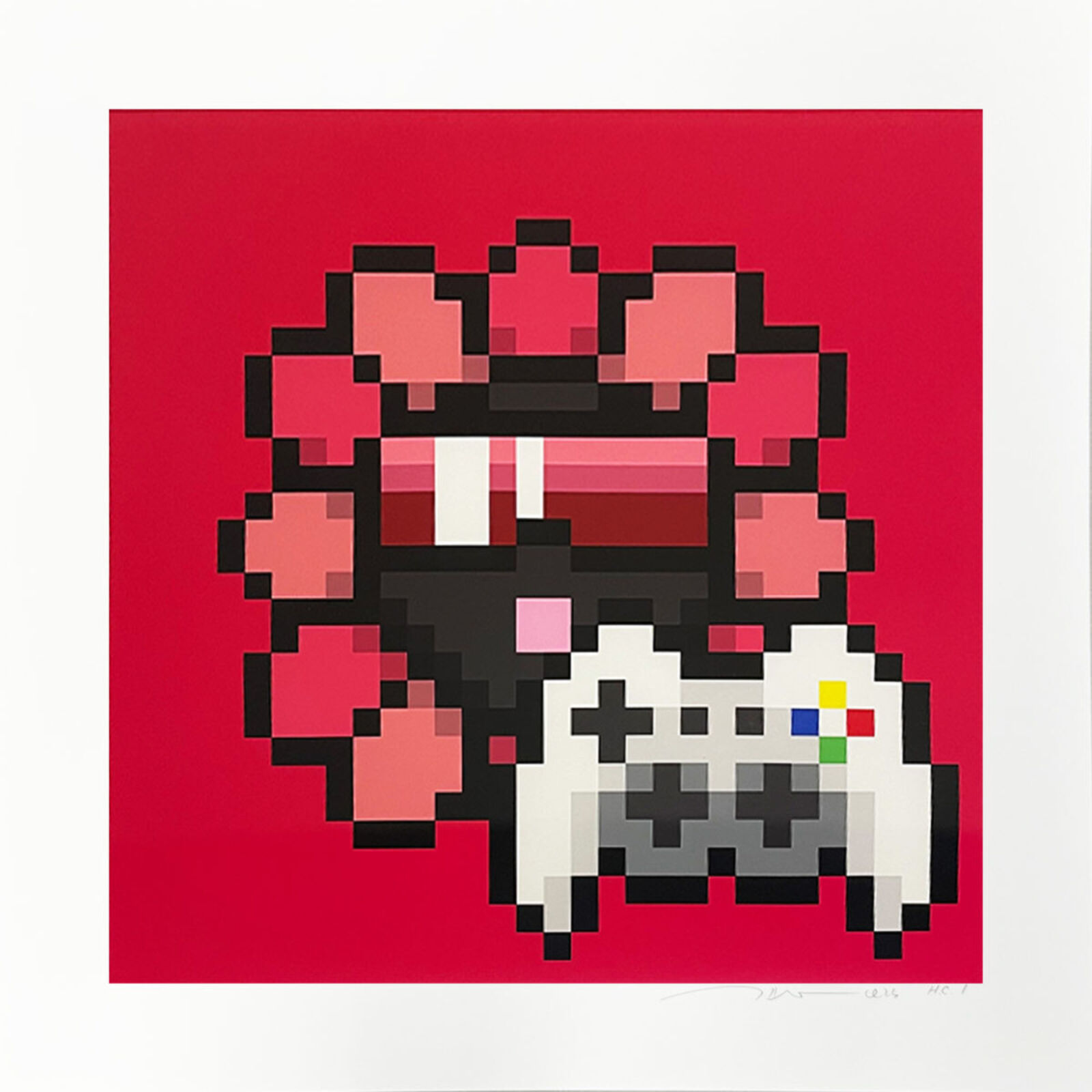 A pixel art of a video game controller on a red background.