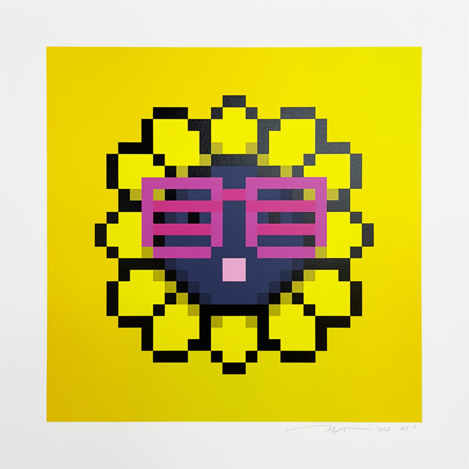 A yellow and black pixelated image of a sun with pink glasses.