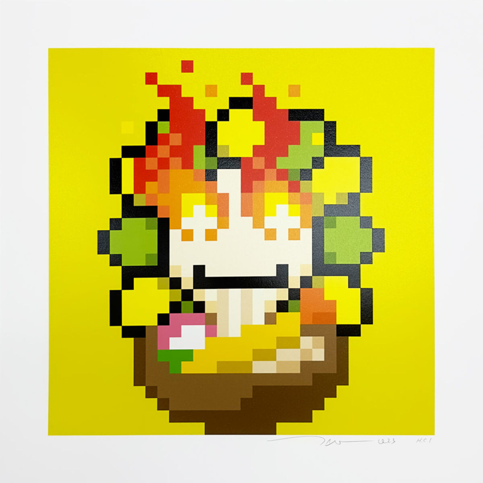 A pixel art of a smiling face on a yellow background.