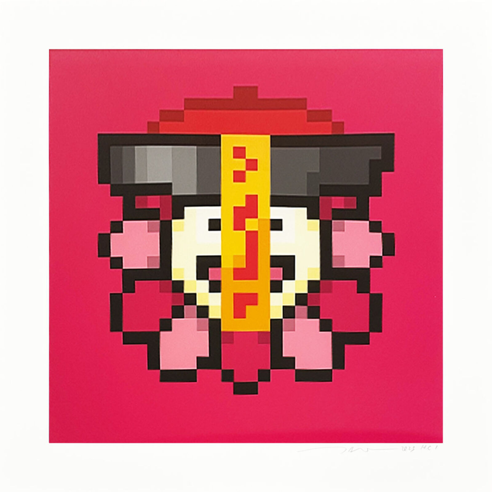 A pixel art of a man with a hat and a sword.
