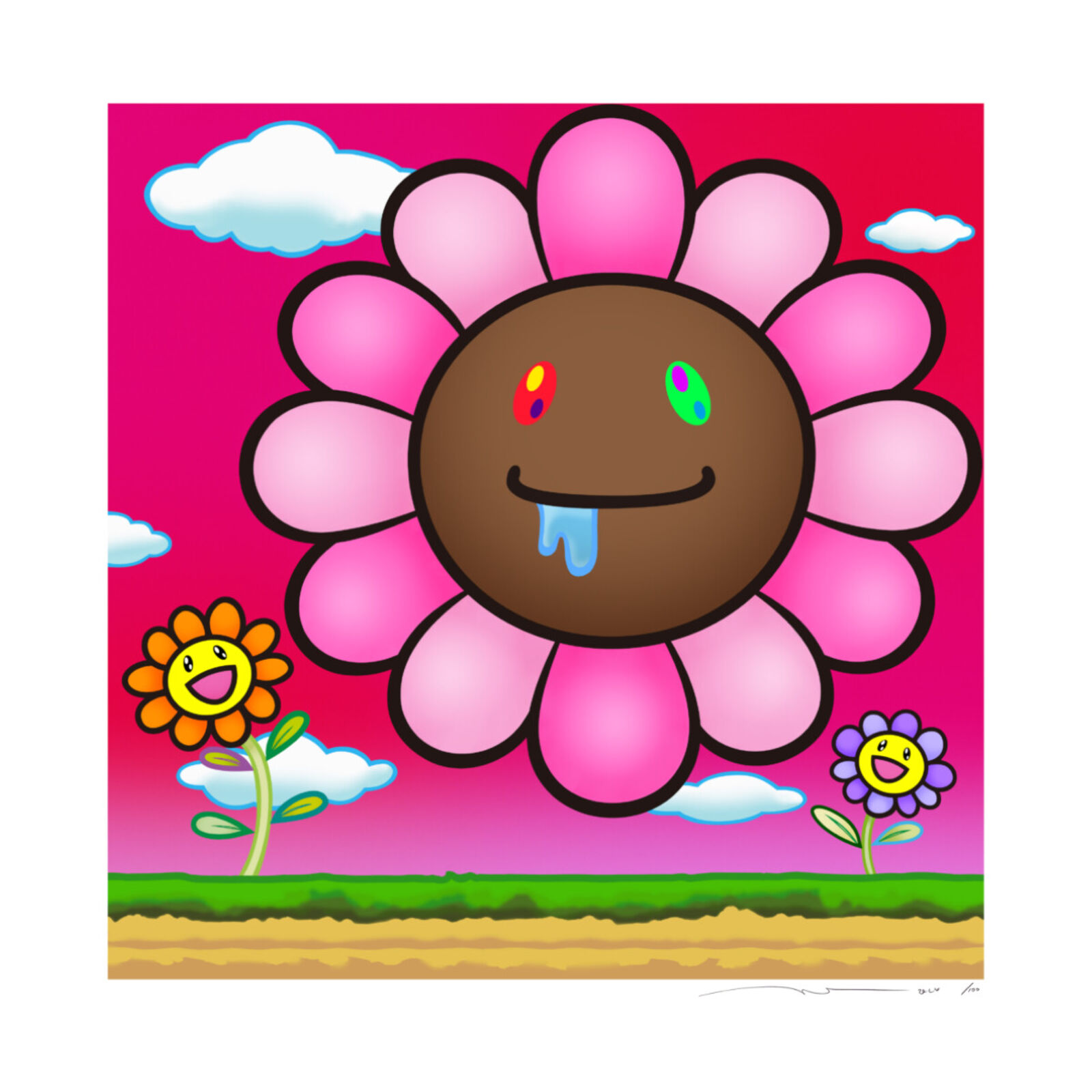 A pink flower with a smiley face sticking out of it's mouth.