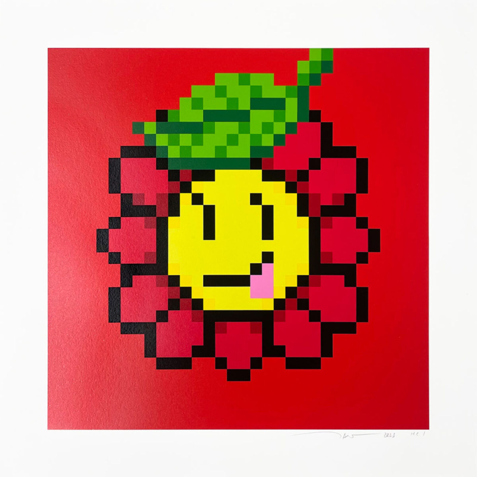 A pixel art of a strawberry with a smiley face.