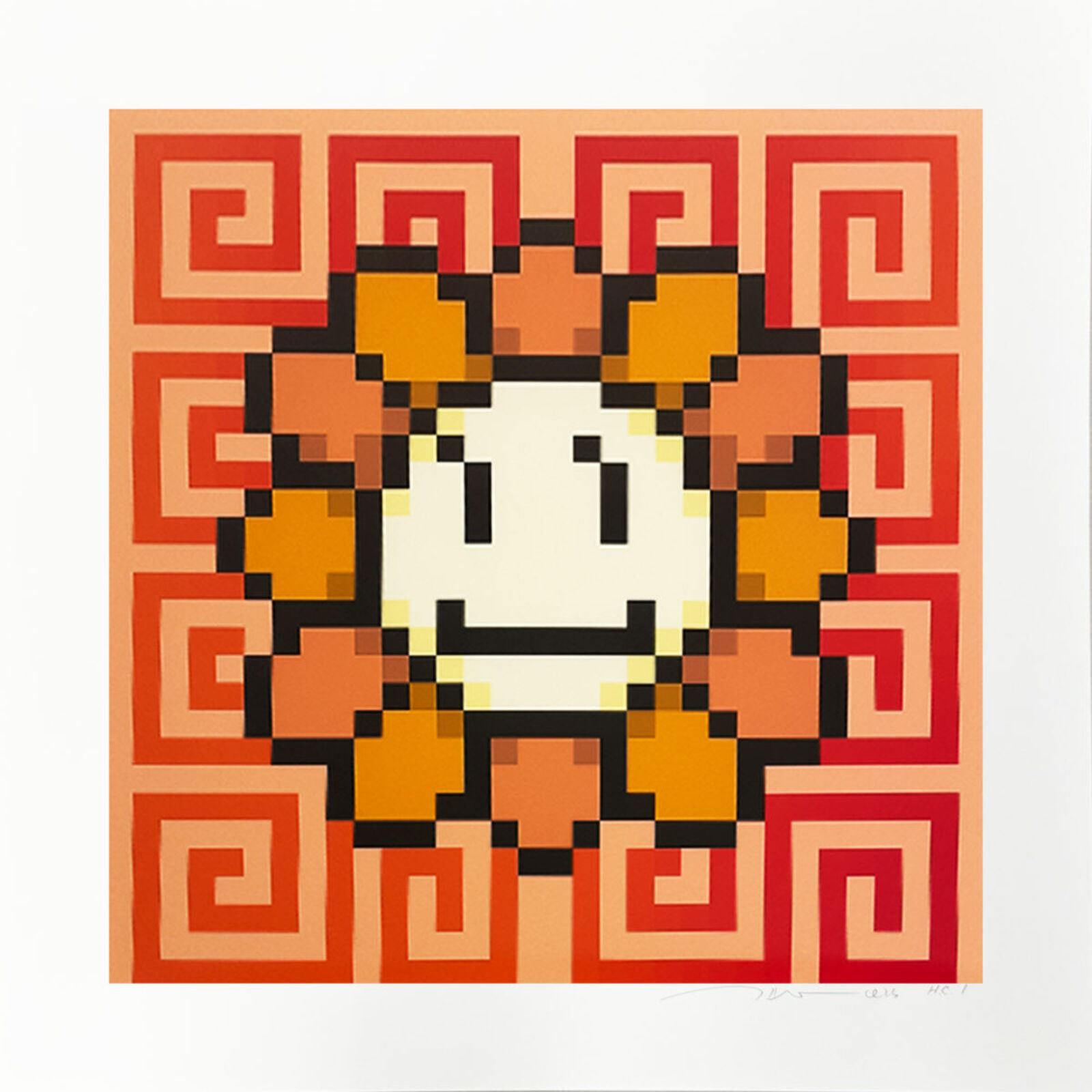 A pixel art of a smiling face in a square pattern.
