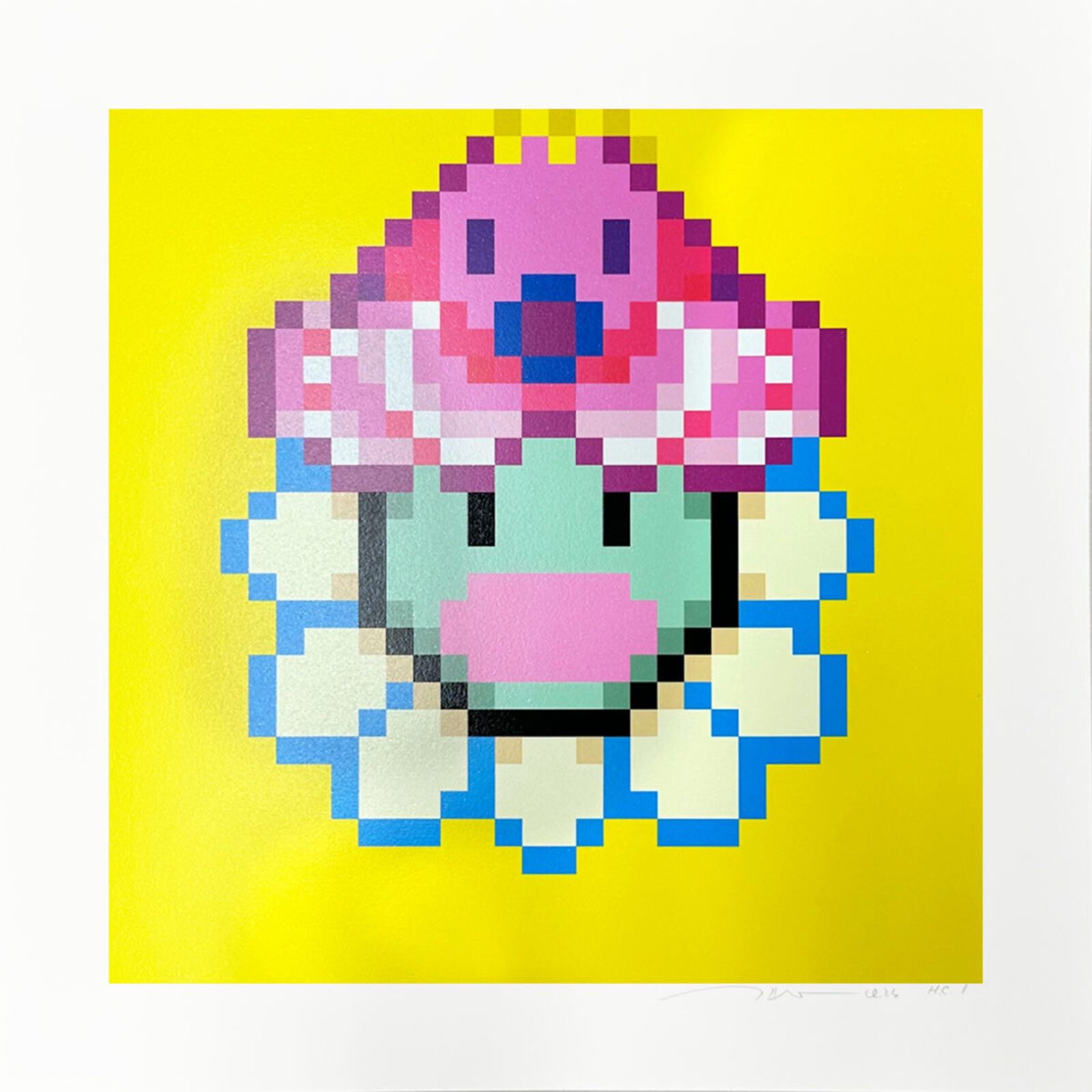A pixel art of a cupcake on a yellow background.