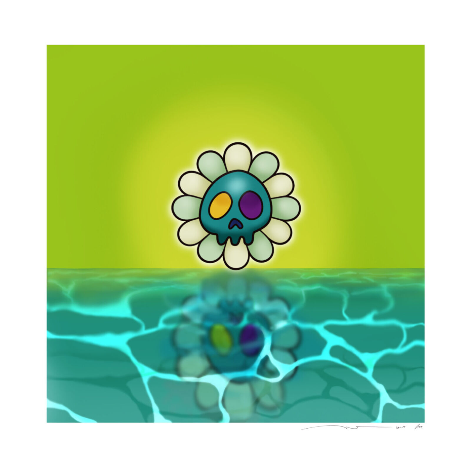 A drawing of a flower floating in the water.