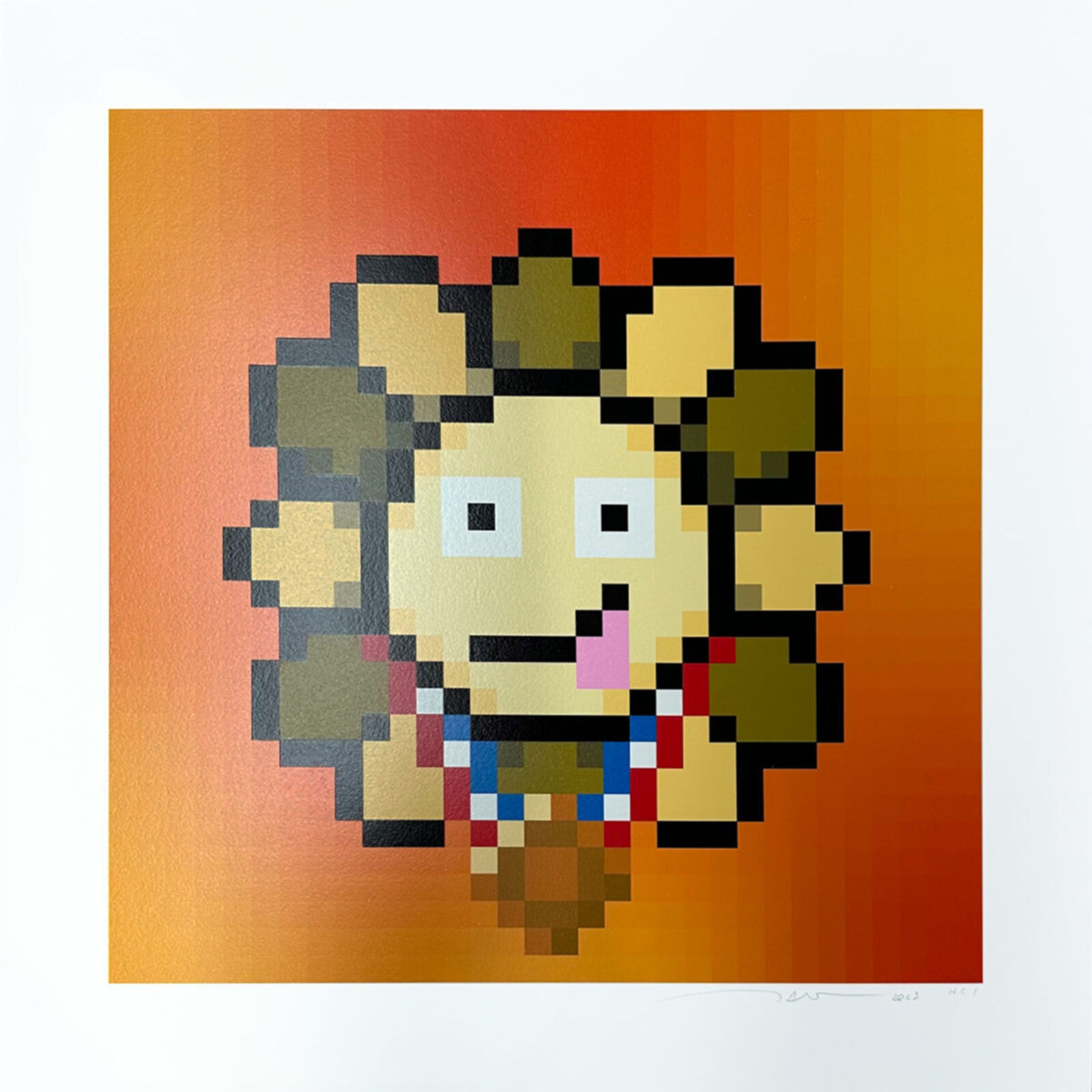 A pixel art of a lion with a flower in its mouth.