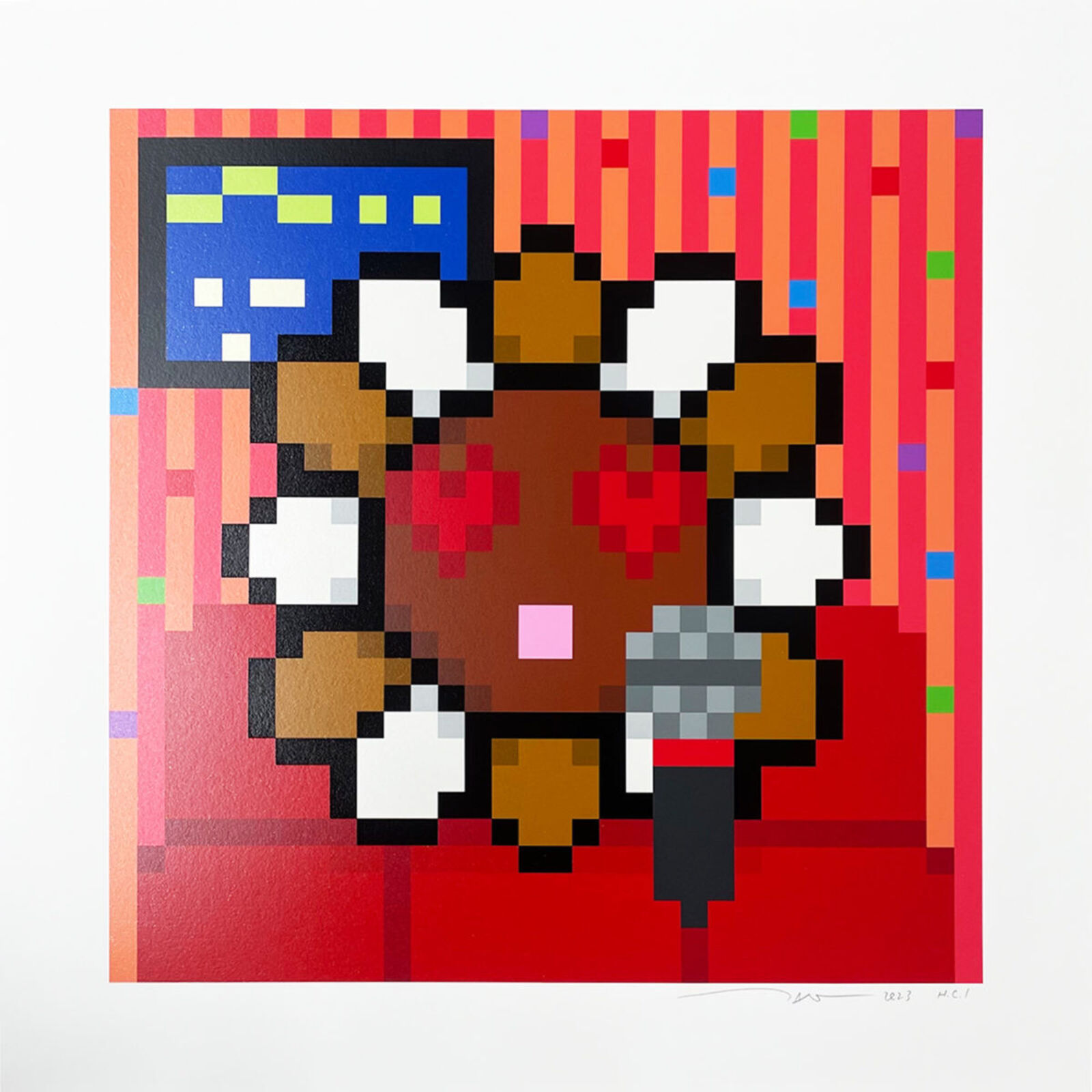 A pixel art piece of a teddy bear holding a microphone.