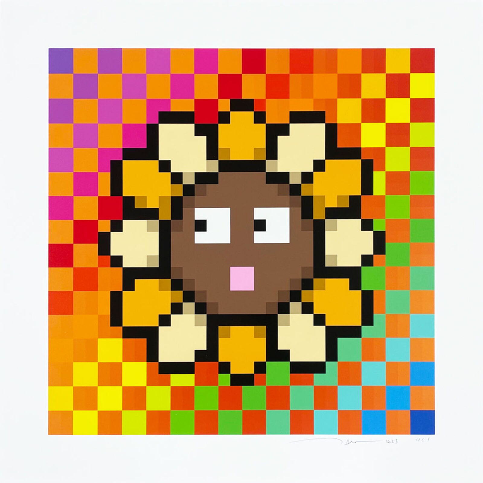 A pixel art of a sunflower on a colorful background.