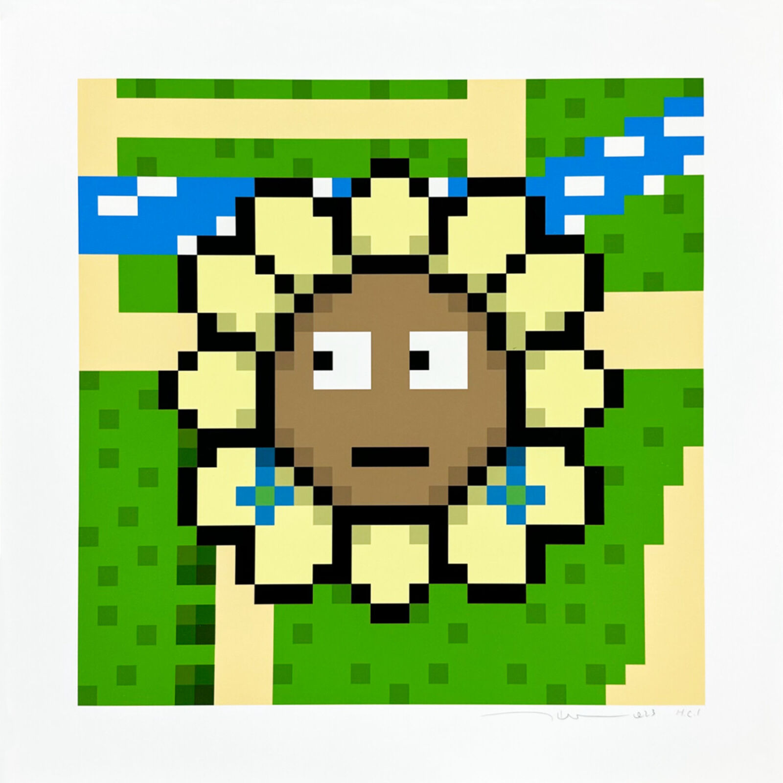 A pixel art of a man with a flower in his hair.