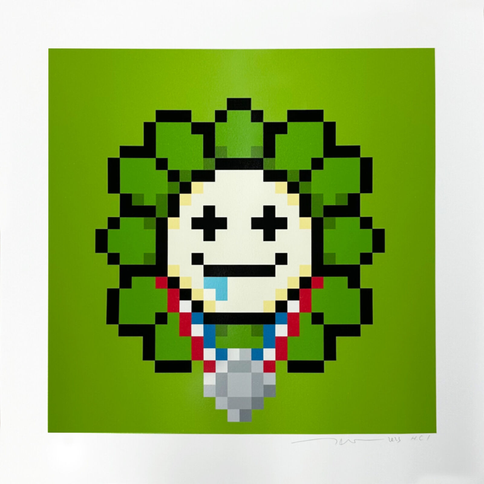 A pixel art of a smiling face with a green background.