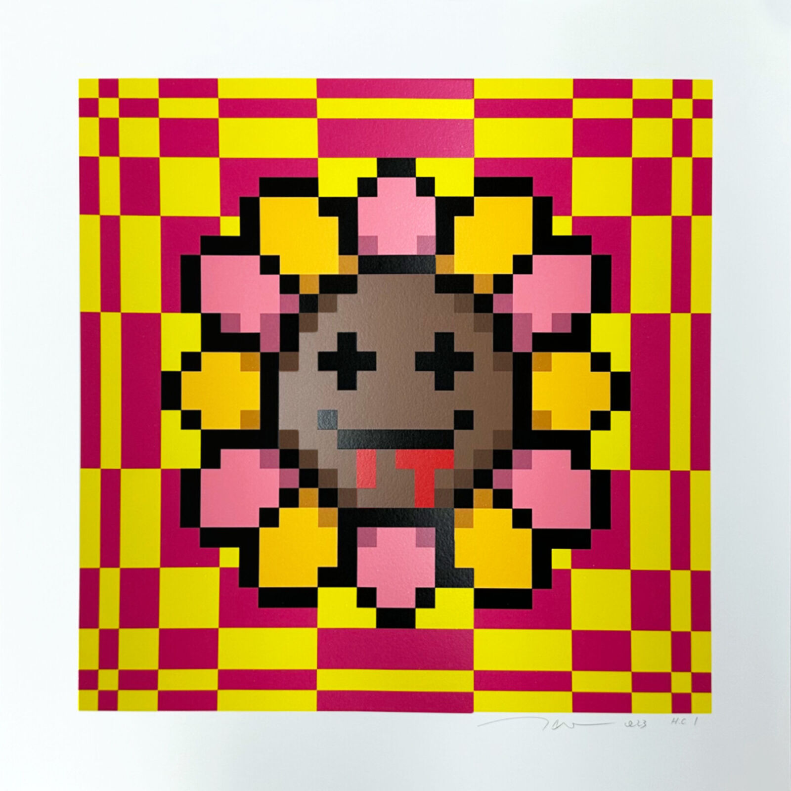 A pixelated picture of a flower on a checkered background.