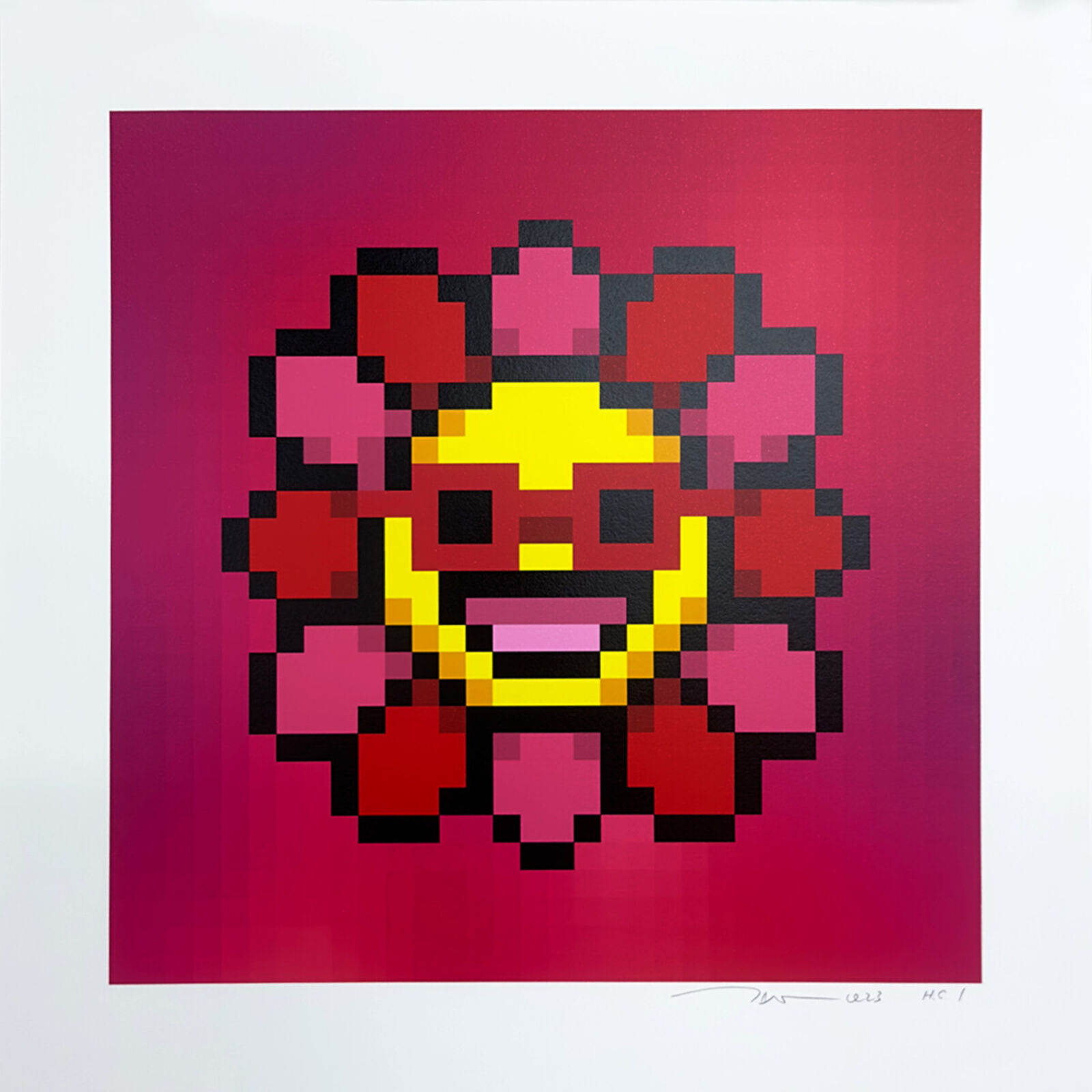 A pixel art piece of a red and yellow flower on a pink background.