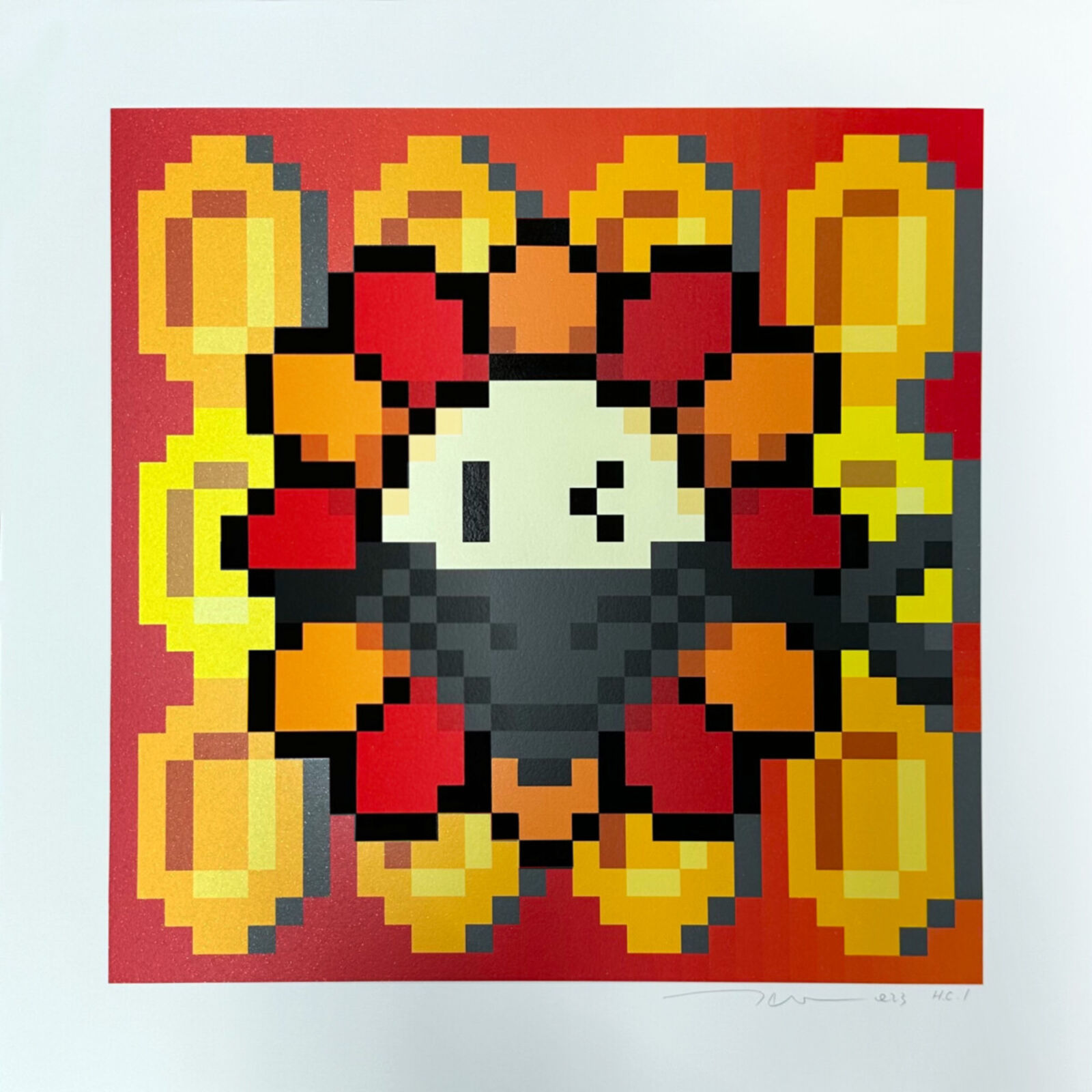 A pixel art of a flower with a smiley face on it.