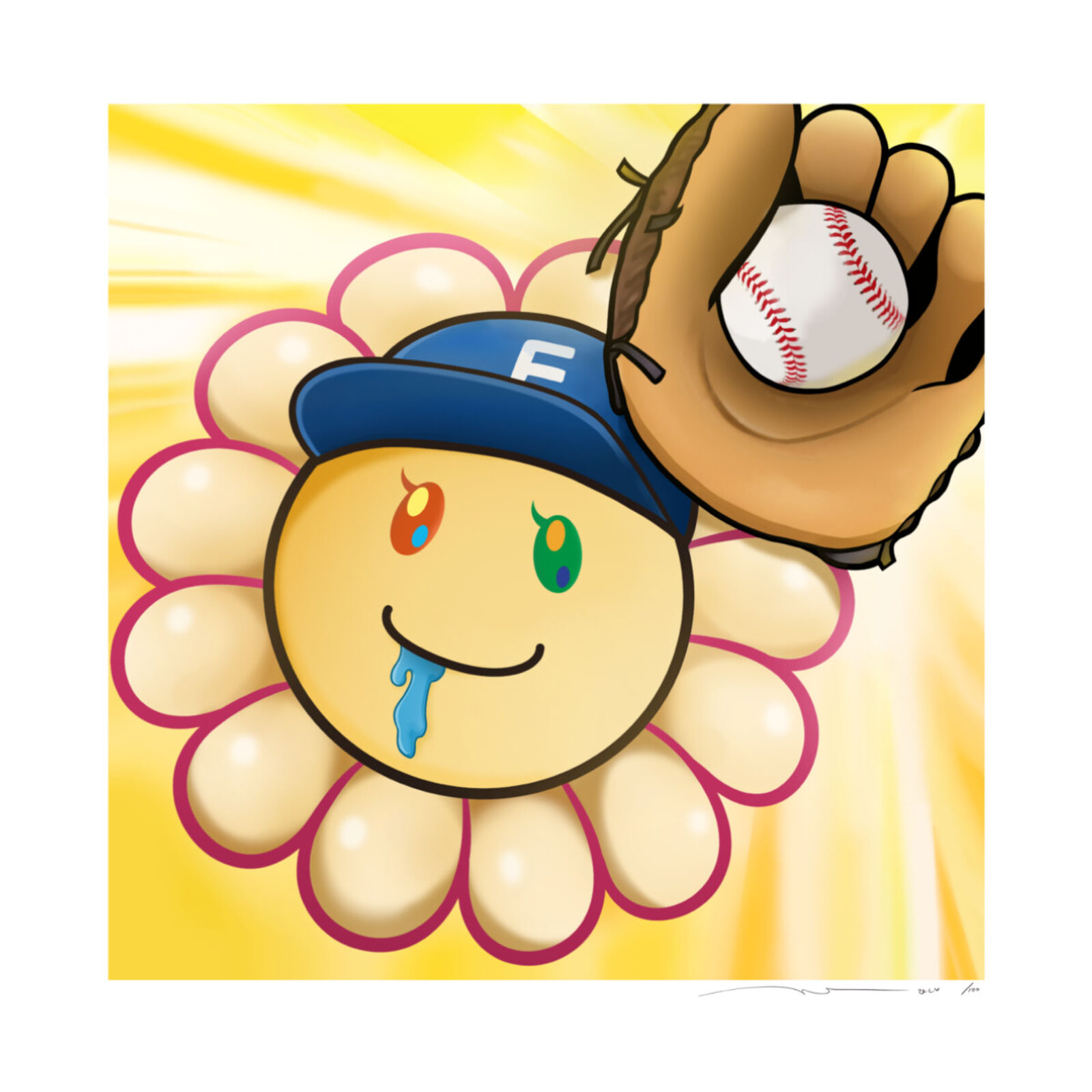 A baseball glove with a smiley face holding a baseball in it.