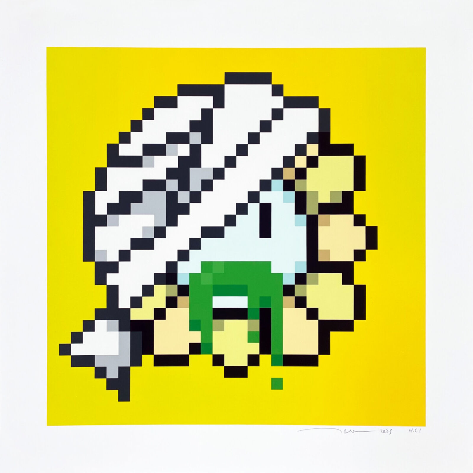 A pixel art of a man with a hat on his head.