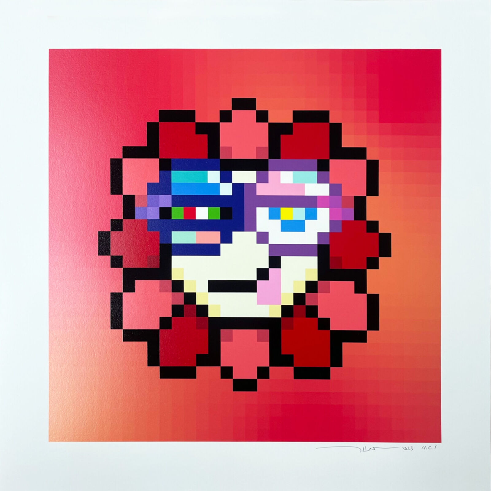 A pixel art of a flower on a red background.