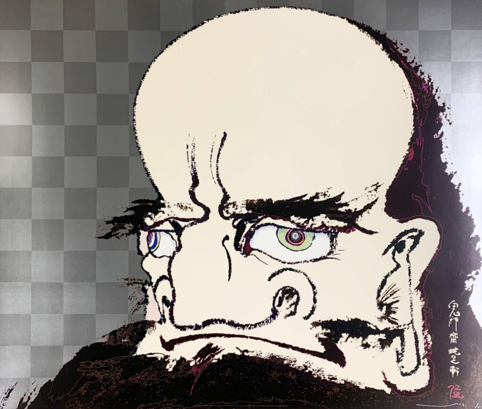 A drawing of a man with a bald head and blue eyes.