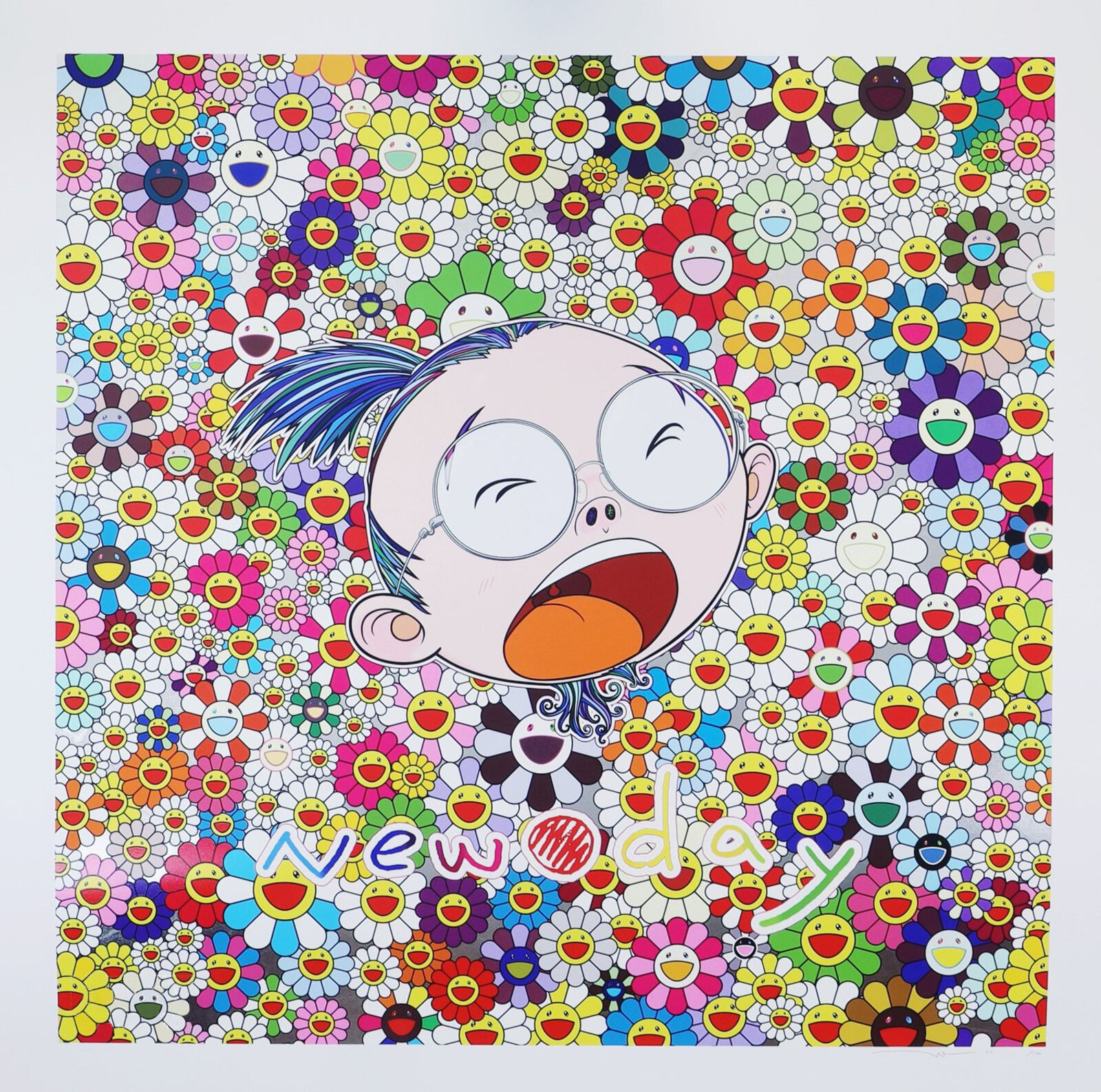 A painting of a cartoon character surrounded by flowers and smiley faces.
