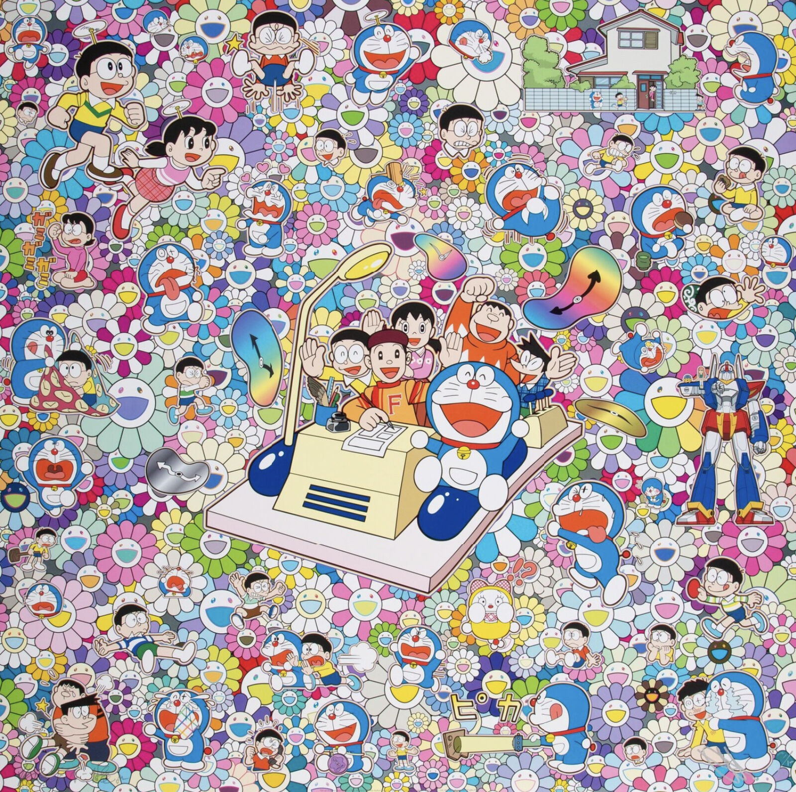 A large group of cartoon characters in a room full of flowers.