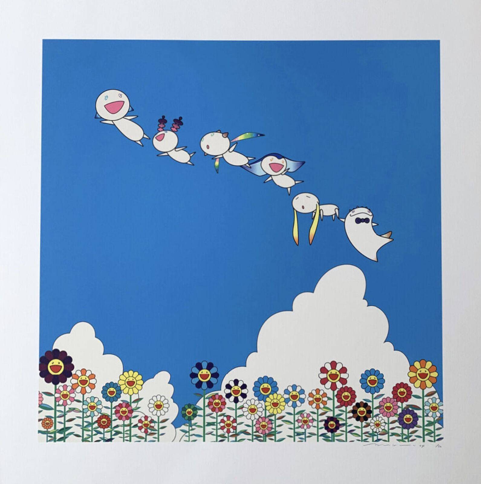 A painting of a group of birds flying through a field of flowers.