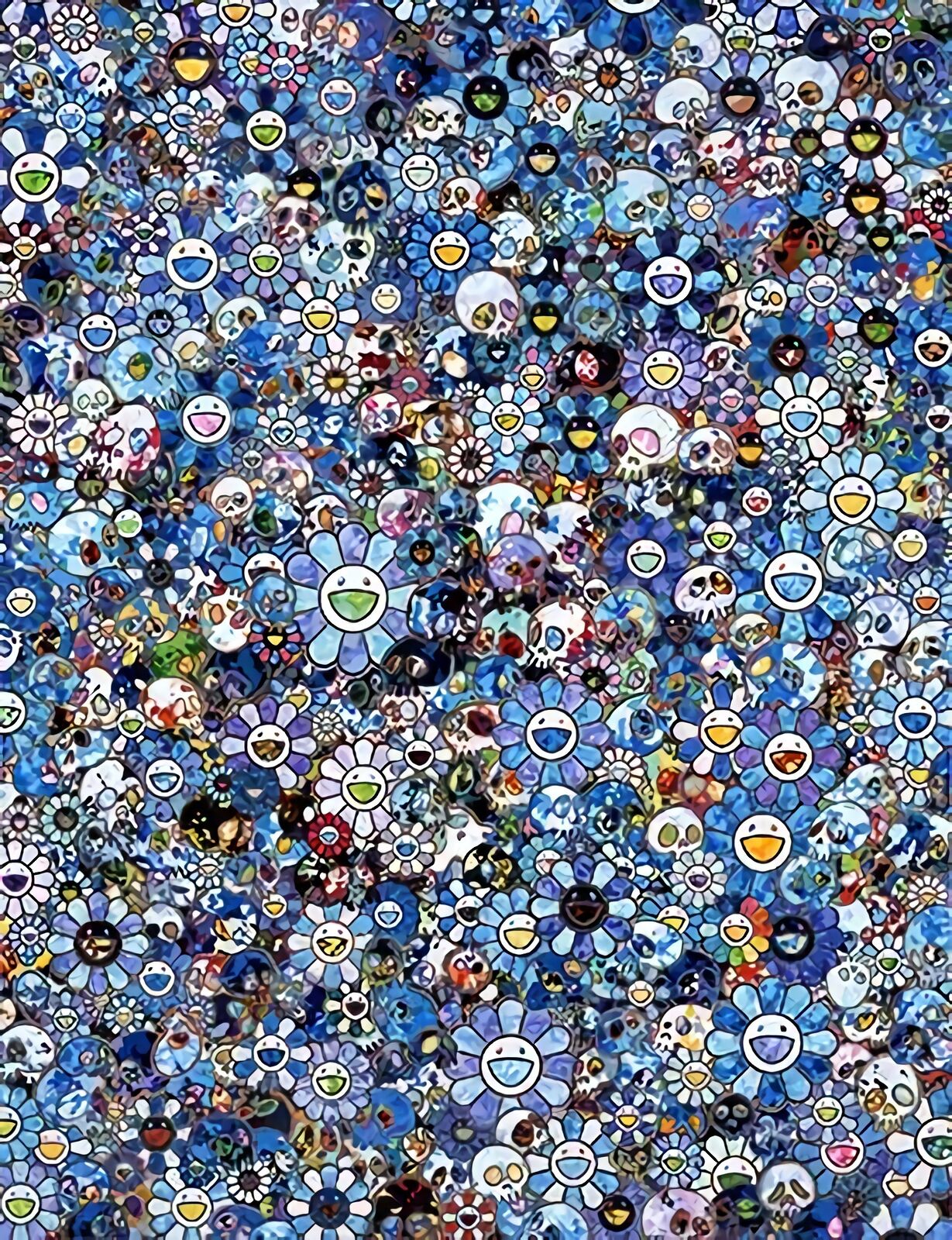 A large group of blue and white flowers with smiley faces.
