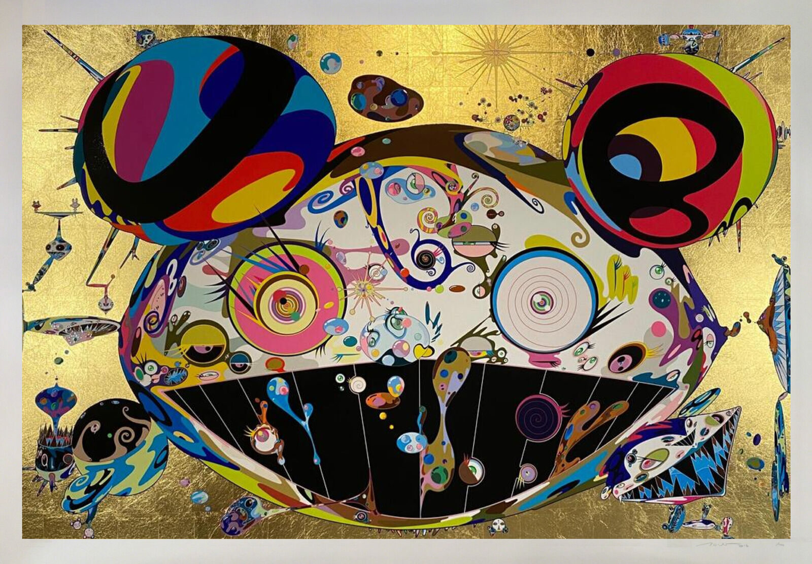 A painting of a colorful abstract painting on a gold background.