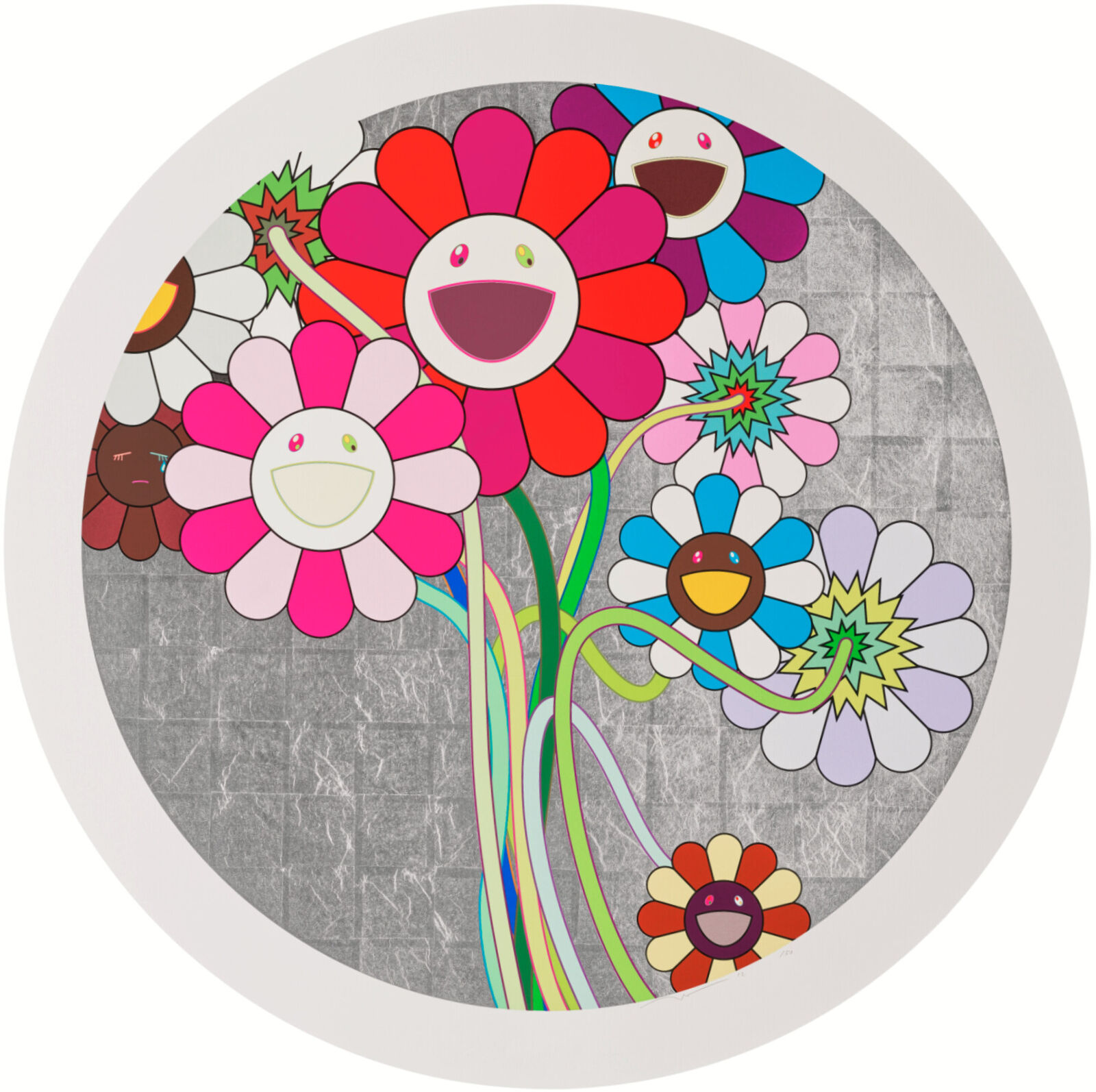 A painting of a bunch of flowers in a circle.