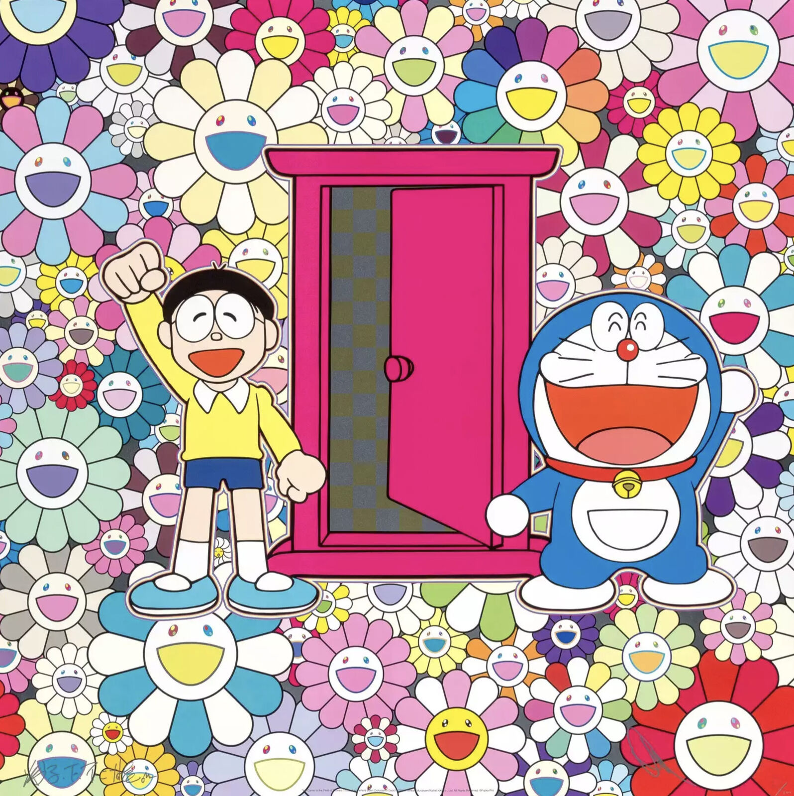A cartoon character standing in front of a pink door surrounded by flowers.