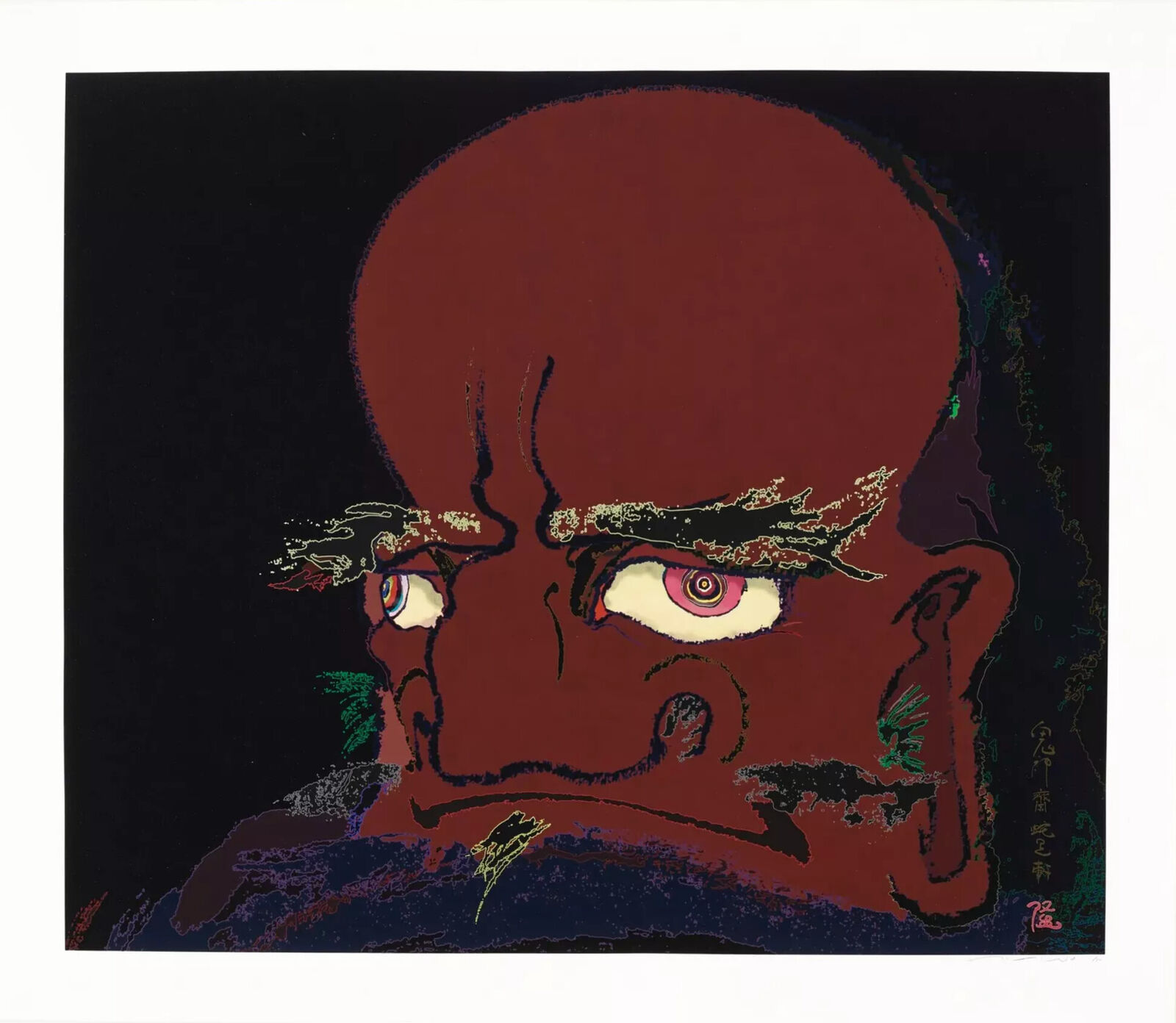 A painting of a man's face with red eyes. 