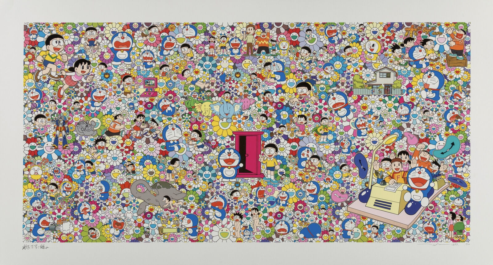 A large group of cartoon characters in a room.