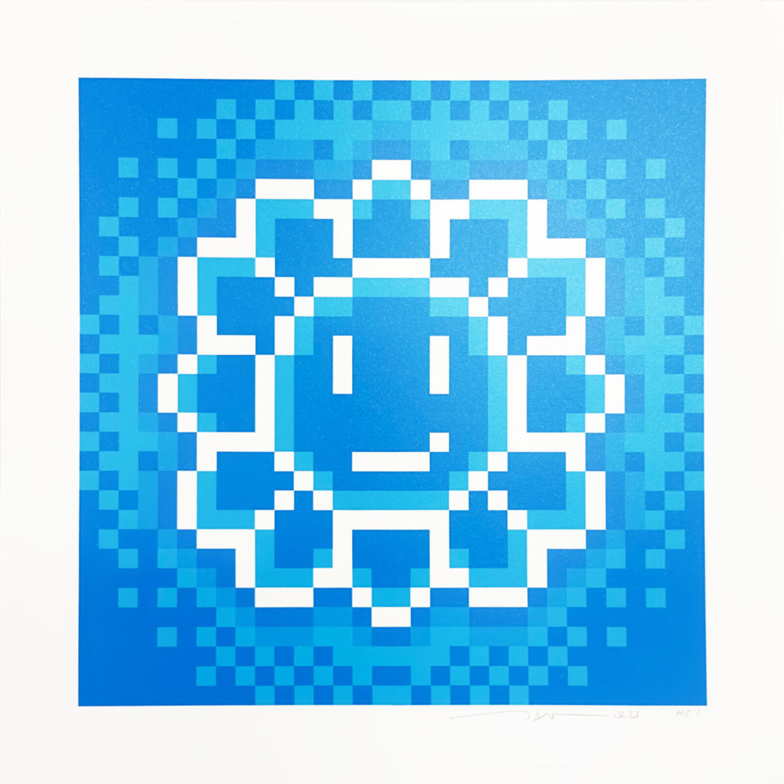 A blue and white pixelated image of a smiley face on a blue background.