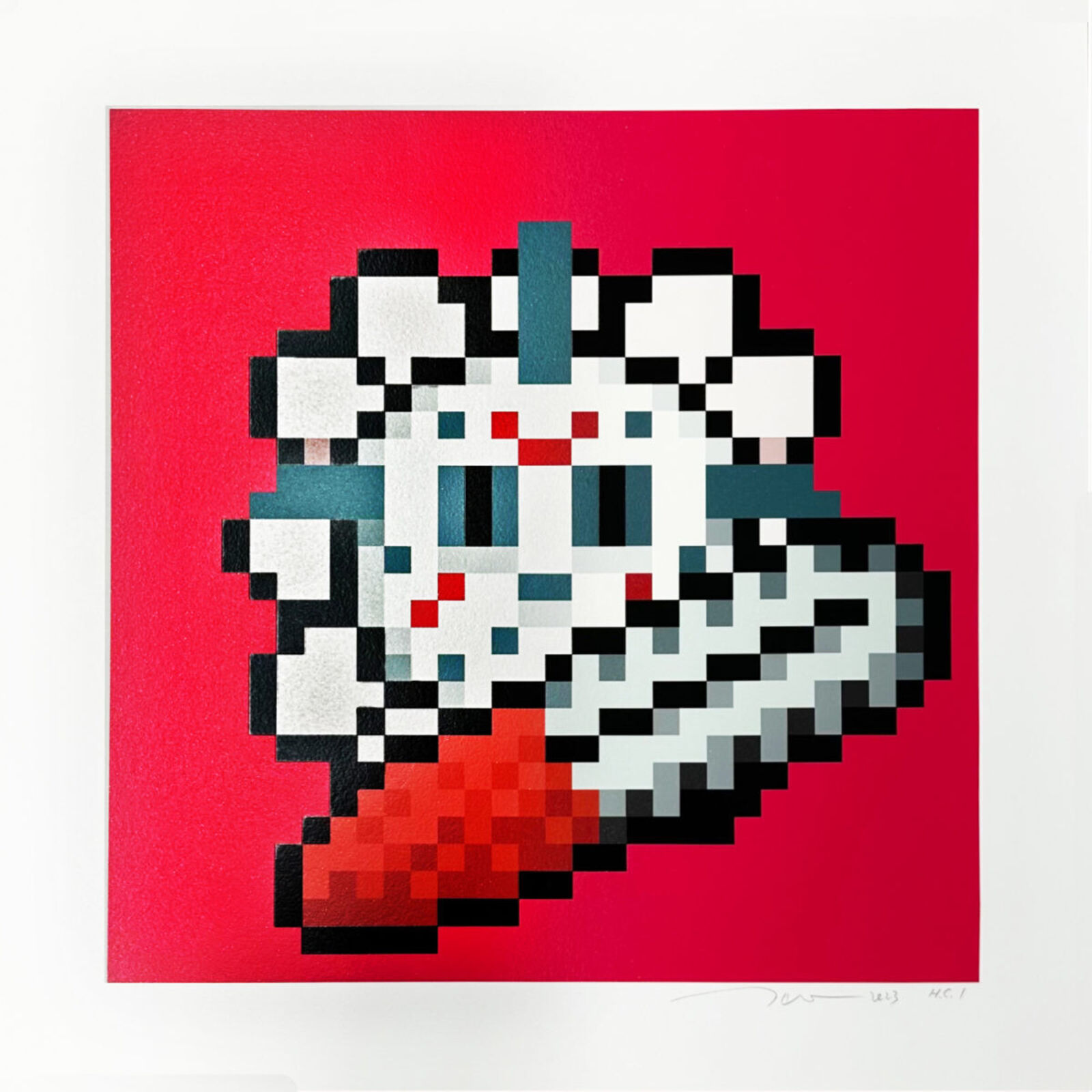 A pixel art piece of a heart with a knife in it.