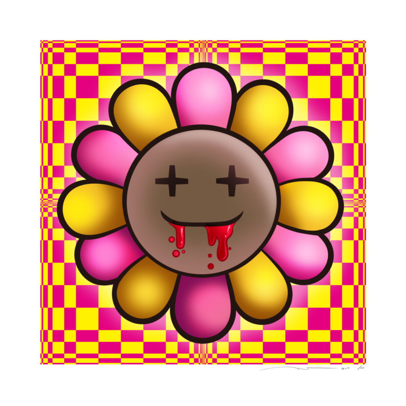 A flower with a smiley face on a checkered background.
