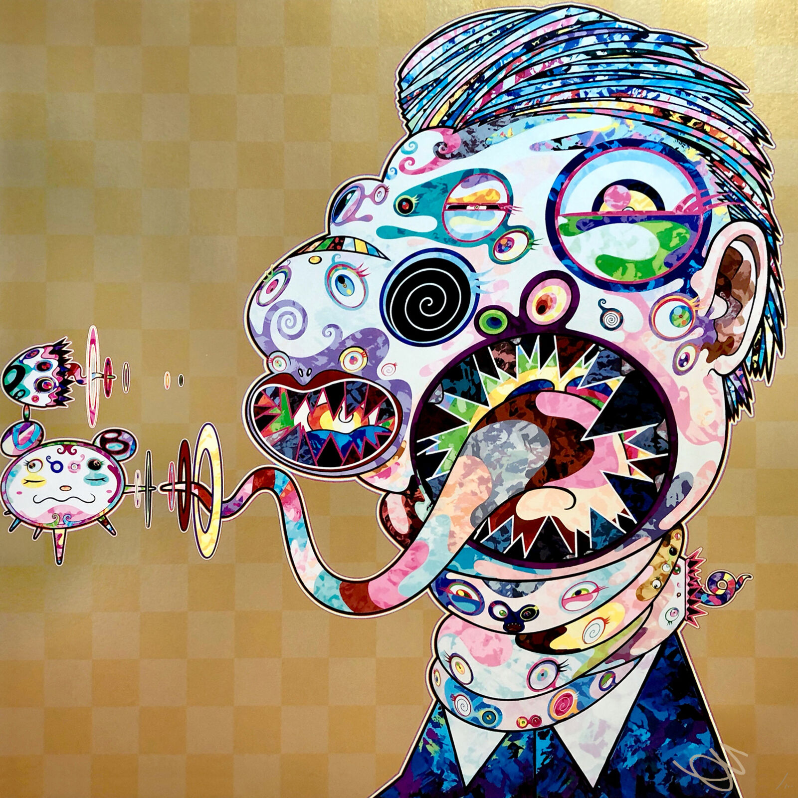 A painting of a man with a snake in his mouth.