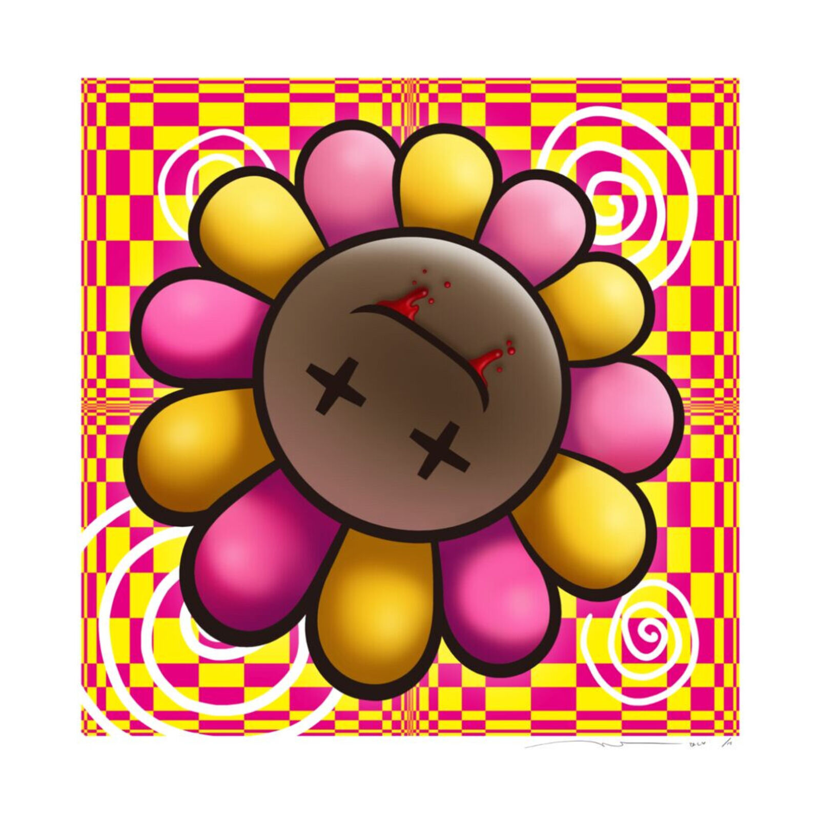 A pink and yellow flower with a smiley face on it.