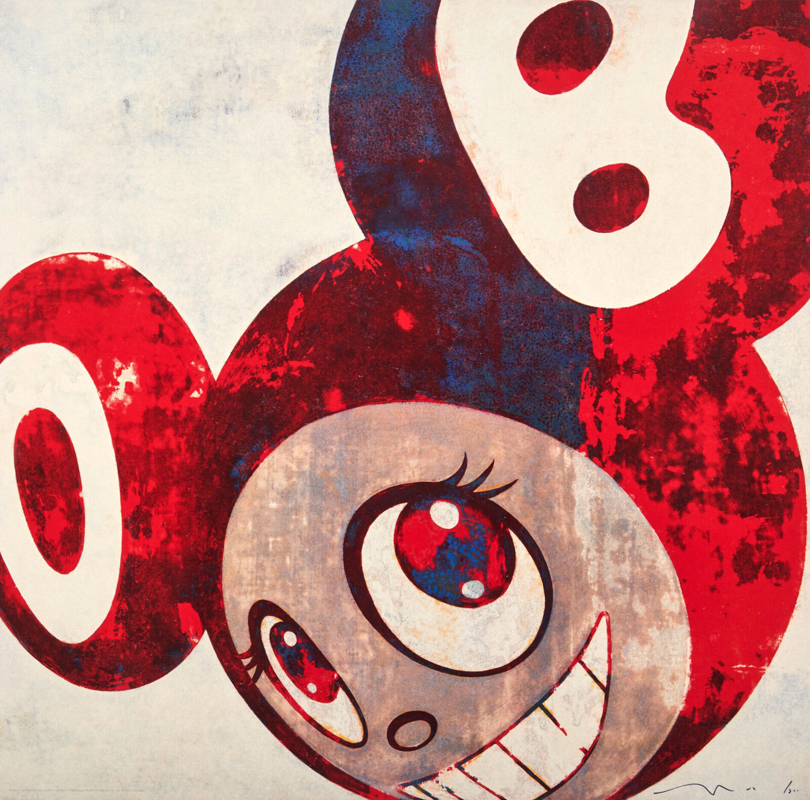 A red and blue painting of a smiling face with big eyes.